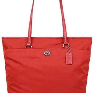Beautiful Big Coach Red Nylon and Leather Tote